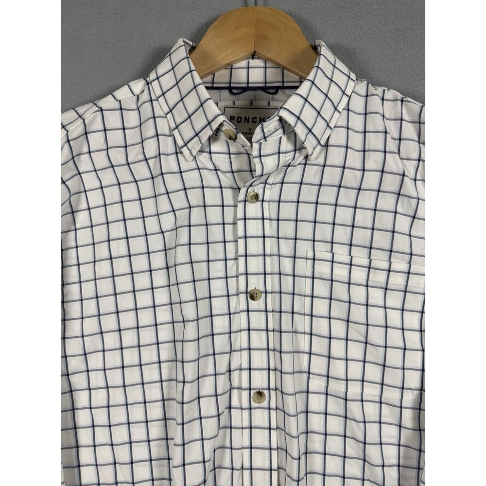 Poncho Men's Medium White Navy Windowpane Plaid Button Up Shirt Outdoor